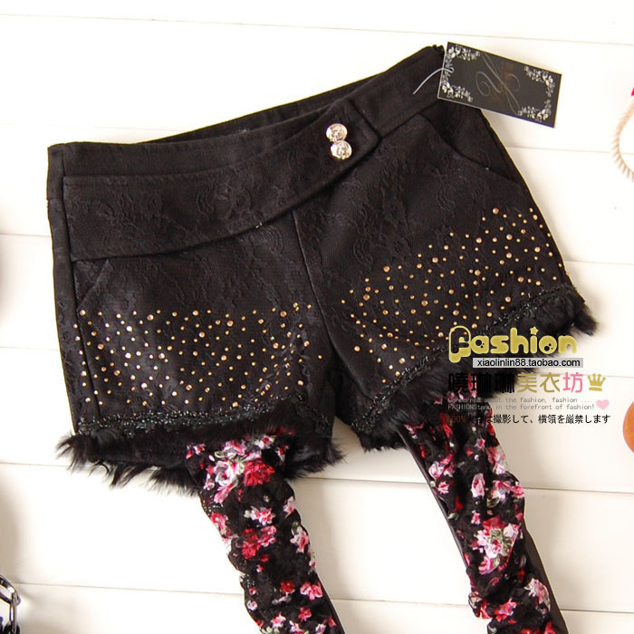 2011 autumn and winter sweet lace rhinestones rabbit fur woolen shorts coffee 916 ,Free shipping