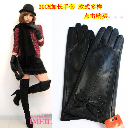 2011 autumn and winter women genuine leather sheepskin long gloves bow gloves 28cm fashion gloves