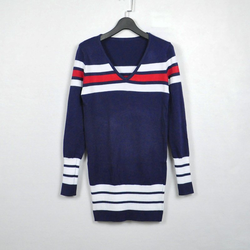 2011 autumn and winter women navy style color block decoration stripe knitted V-neck slim one-piece dress