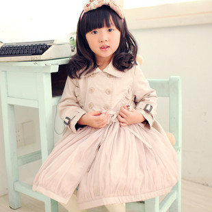 2011 autumn children's clothing female child ruffle hem unique yarn double breasted trench outerwear
