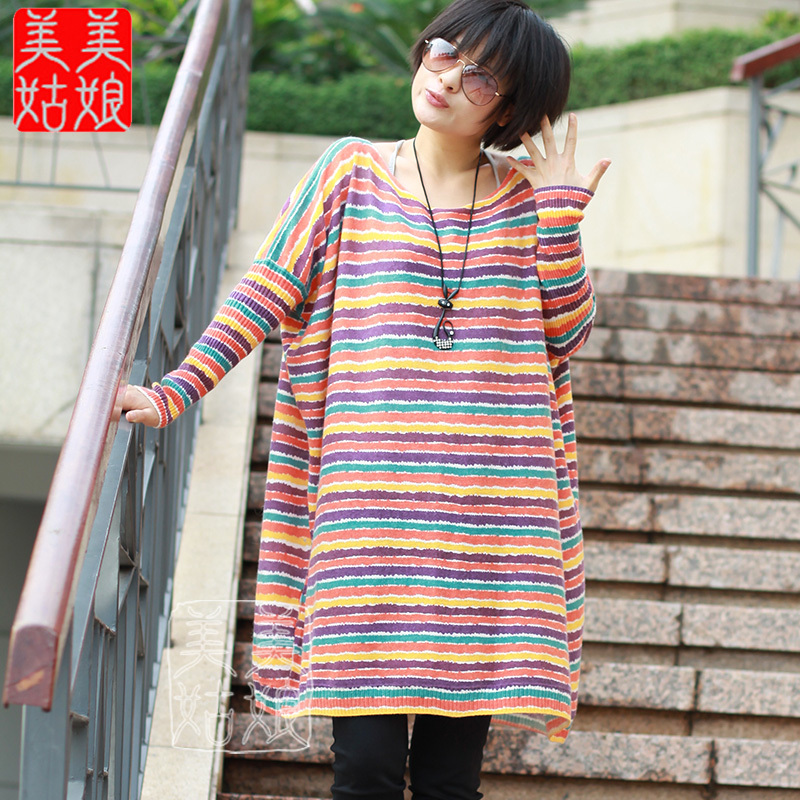 2011 autumn new arrival multicolour stripe loose medium-long sweater women's batwing shirt