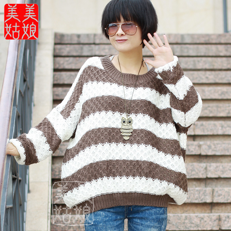 2011 autumn new arrival stripe loose batwing shirt knitted sweater outerwear plus size clothing