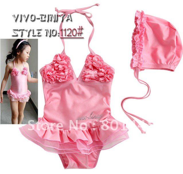 2011 Baby Swimsuit Bathing Suit Children Girl Swimsuit Pink Flower Lace Wholesale Free Shipping