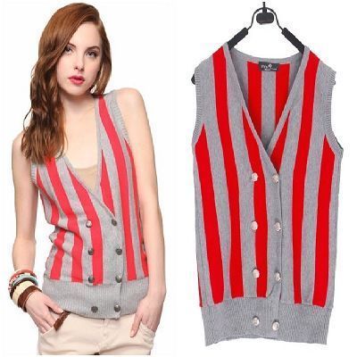 2011 british style double breasted grey red color block decoration stripe V-neck sleeveless sweater