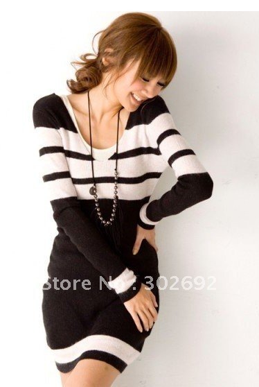 2011  cheap autumn fashion V collar strip knit sweater ,women sweater FREE SHIPPING