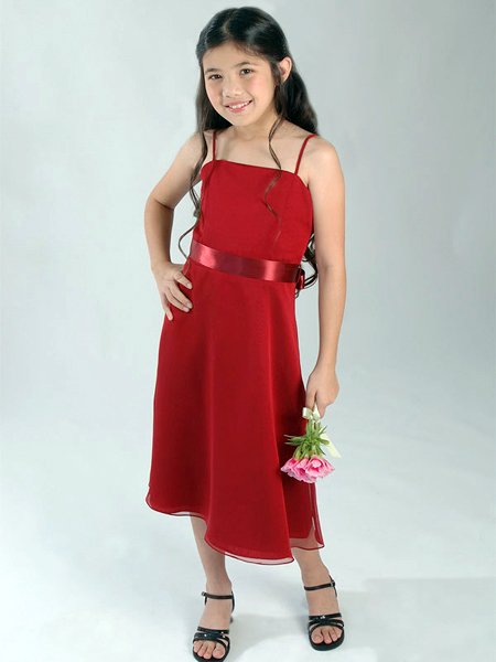 2011 Cheap Spaghetti Straps Red Chiffon Tea-length Flower Girl Dresses