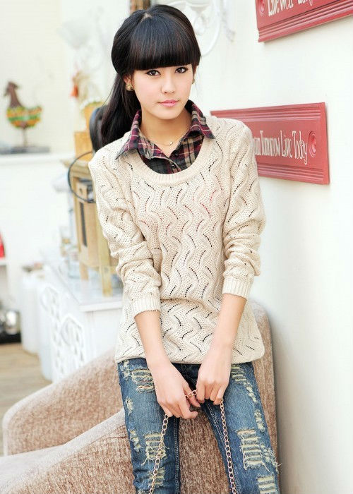 2011 fashion casual plaid shirt collar cutout faux two piece set women's casual outerwear sweater