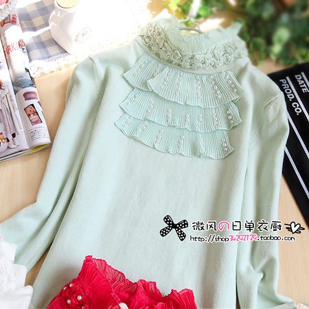 2011 knit co lace decoration rose stand collar long-sleeve basic knitted sweater shirt