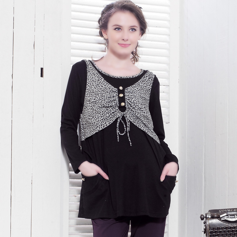 2011 maternity clothing classic leopard print faux two piece fashion maternity top plus size 3258