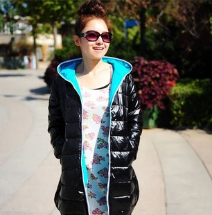 2011 medium-long down coat female glossy leather fashion