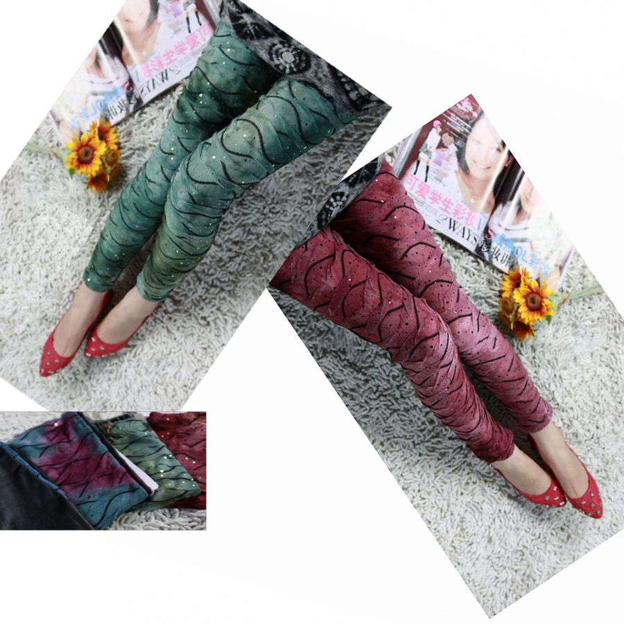 2011 new arrival autumn lace fish scales pleated paillette patchwork faux leather u legging