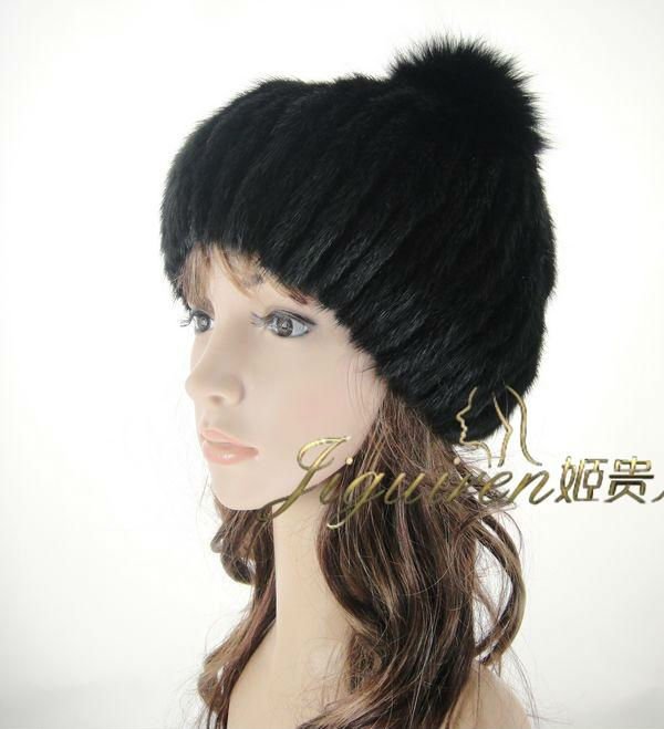 2011 New design Black Mink Fur Hat With Fox Fur Ball