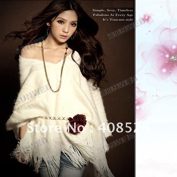 2011 New Korea Knit Batwing Rabbit Fur Poncho Rabbit Fur Shawl Sweater Knitwear~ Natural Colour ~ DROP SHIPPINGl Knitwear 3431