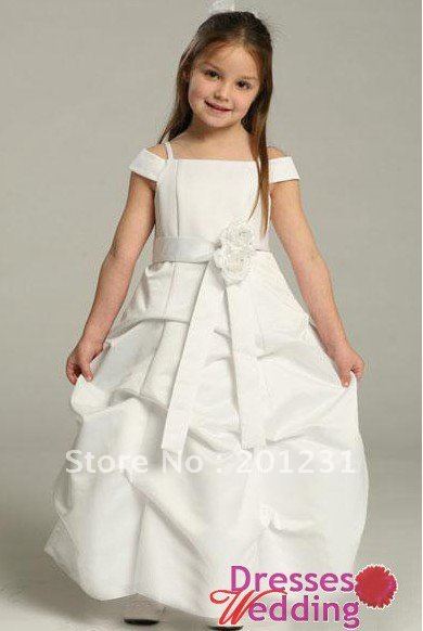 2011 new satin off the shoulder flower girl dress whit flower and bowknot