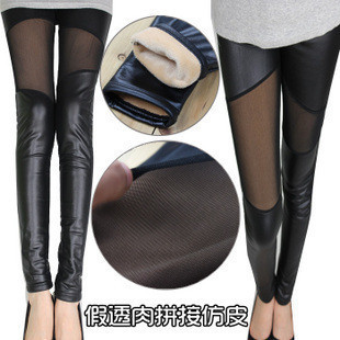 2011 sexy gauze faux leather patchwork meat legging thickening leather pants