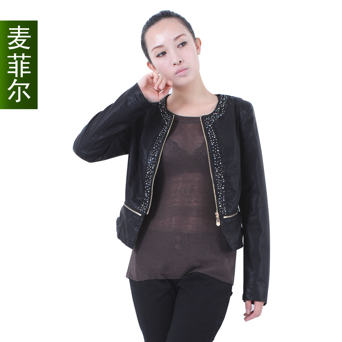 2011 slim rivet diamond leather clothing leather jacket water washed leather female short jacket 045