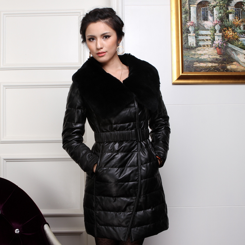 2011 stand collar long design down berber fleece genuine leather black women leather clothing long design outerwear