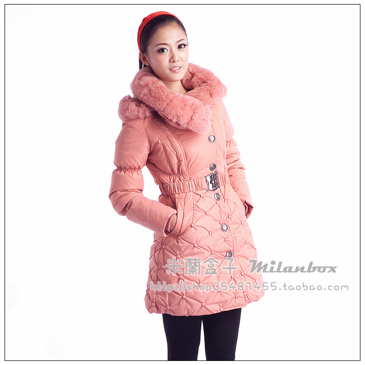 2011 sweet rabbit plush fur collar detachable cap slim design long down coat