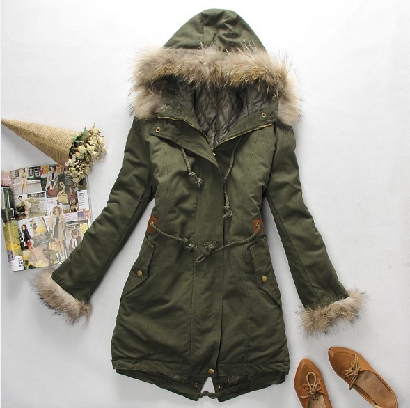 2011 winter fur collar with a hood Army Green tooling medium-long loose plus size wadded jacket outerwear