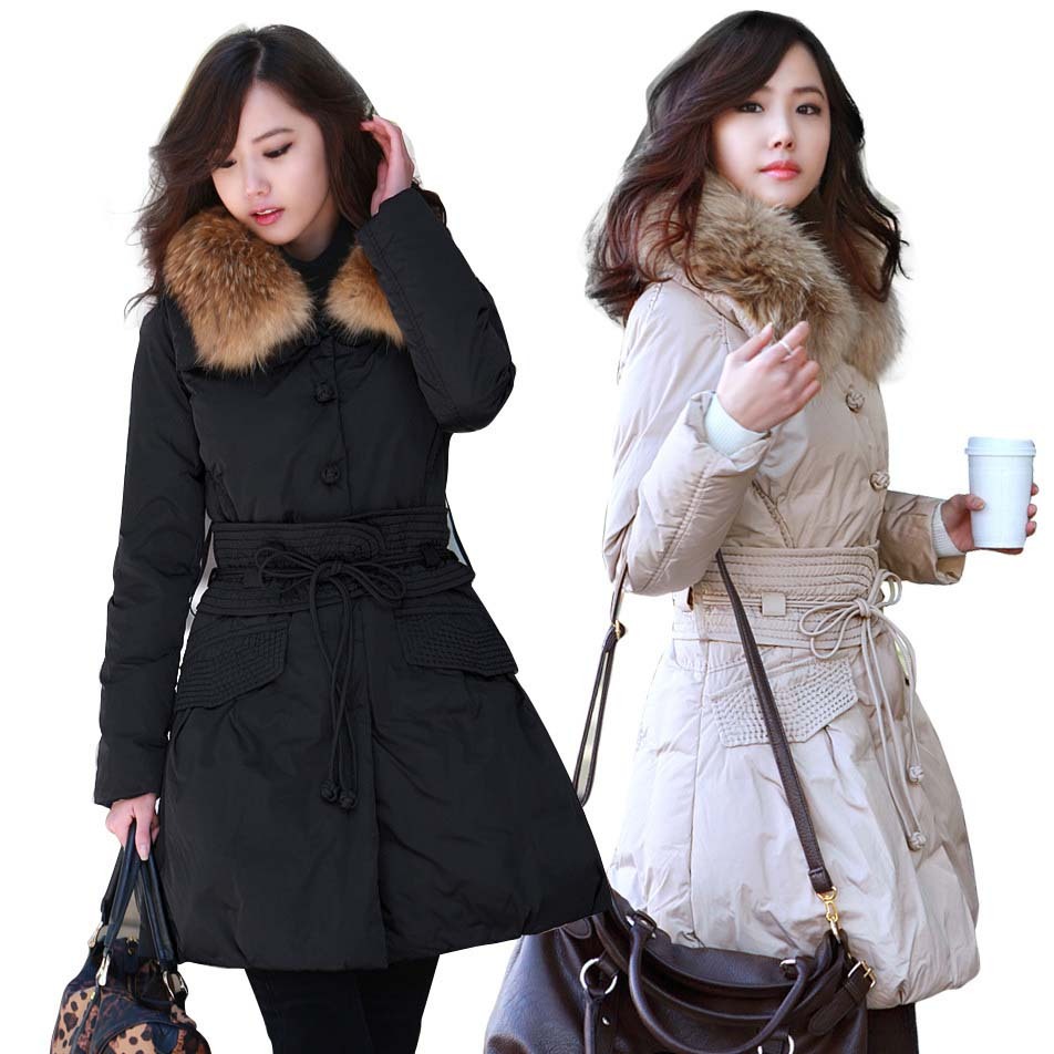 2011 women's down coat Women raccoon large fur collar medium-long down coat