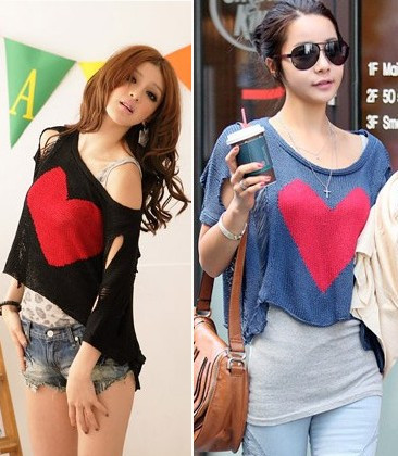 2011 women's red hole all-match loose sweater cutout batwing sleeve shirt