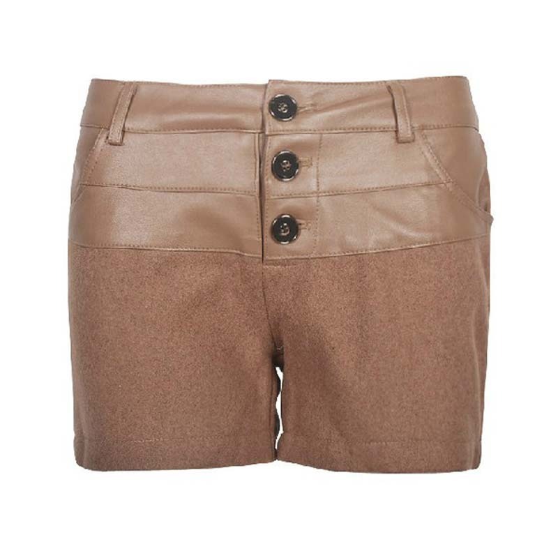 2011 women's three button mid waist PU patchwork khaki short trousers