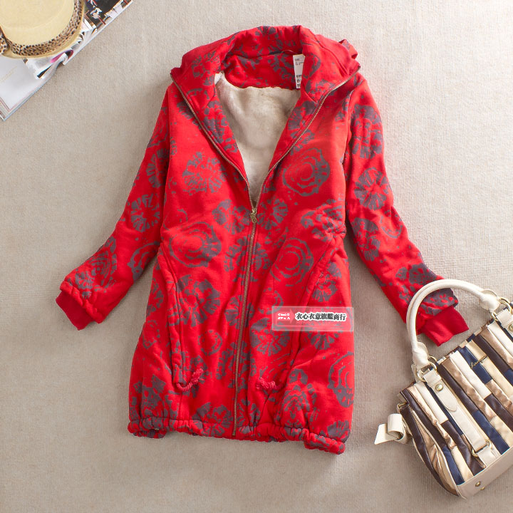 2011 women's winter loose casual plus size thickening plus velvet with a hood medium-long wadded jacket outerwear w206