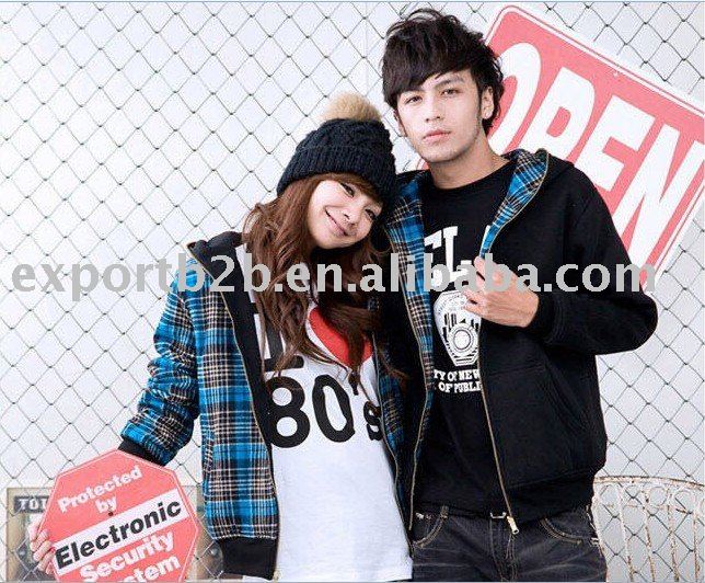 2011Hot spring Green Grid Jacket Long Sleeve Fashion Sweater Couple Two pieces for lady and man ( Blue with black+ FREE SHIPPING