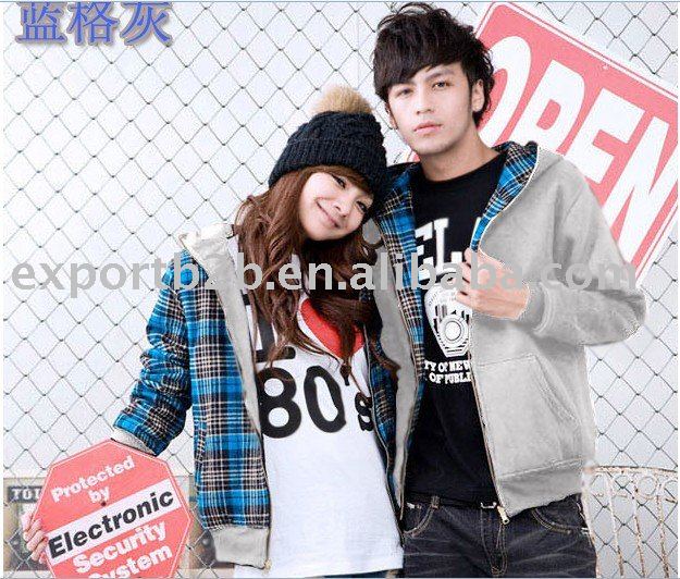 2011Hot spring Green Grid Jacket Long Sleeve Fashion Sweater Couple Two pieces for lady and man ( Blue with grey)+ FREE SHIPPING