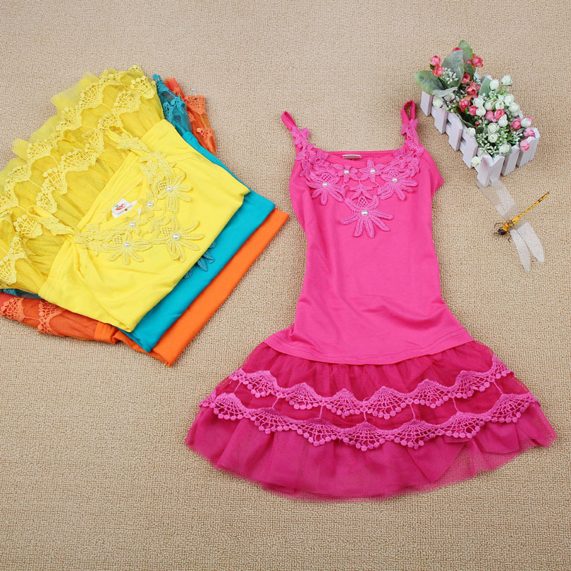 2012 100% cotton candy color spaghetti strap one-piece dress t top spaghetti strap girls clothing laciness