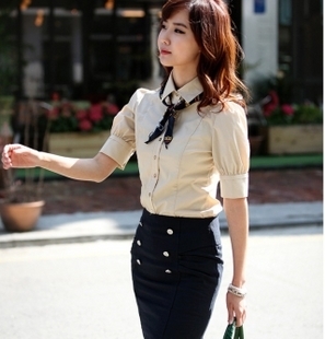 2012 100% cotton short-sleeve puff sleeve shirt work wear formal ol dress set work wear overalls C0738