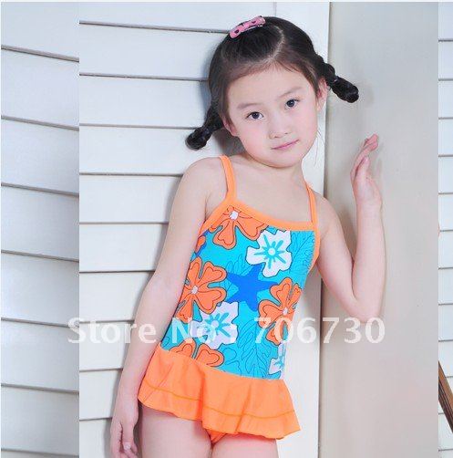 2012 (10Pcs/Lot) Free Shipping Wholesale High Quality Children's/Kids SwimmSuit,Sweet Girls One Piece Swimwear,Yellow/Orange