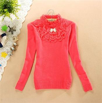 2012 5071 turtleneck sweet gentlewomen lace bow short design knitted basic shirt sweater , Free Shipping