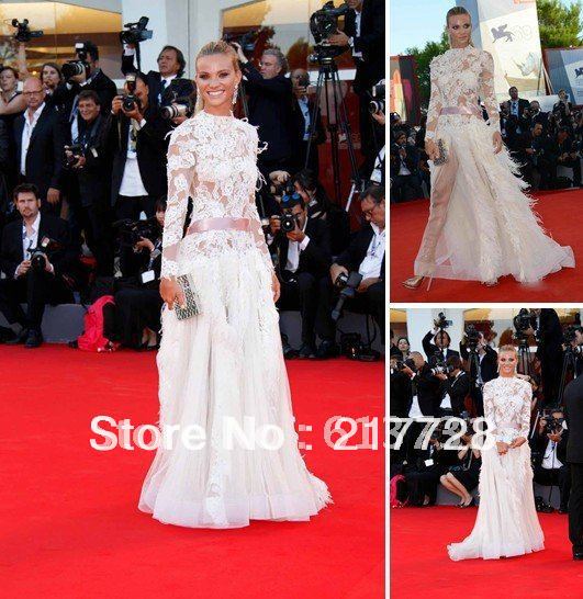 2012 69th Venice Festival Sexy Long Sleeves High Neck Floor Length Feathers Lace Celebrity Evening Dresses VF010