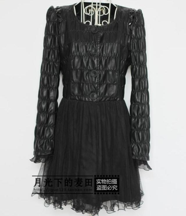 2012 82159 autumn slim medium-long lace sweep leather clothing