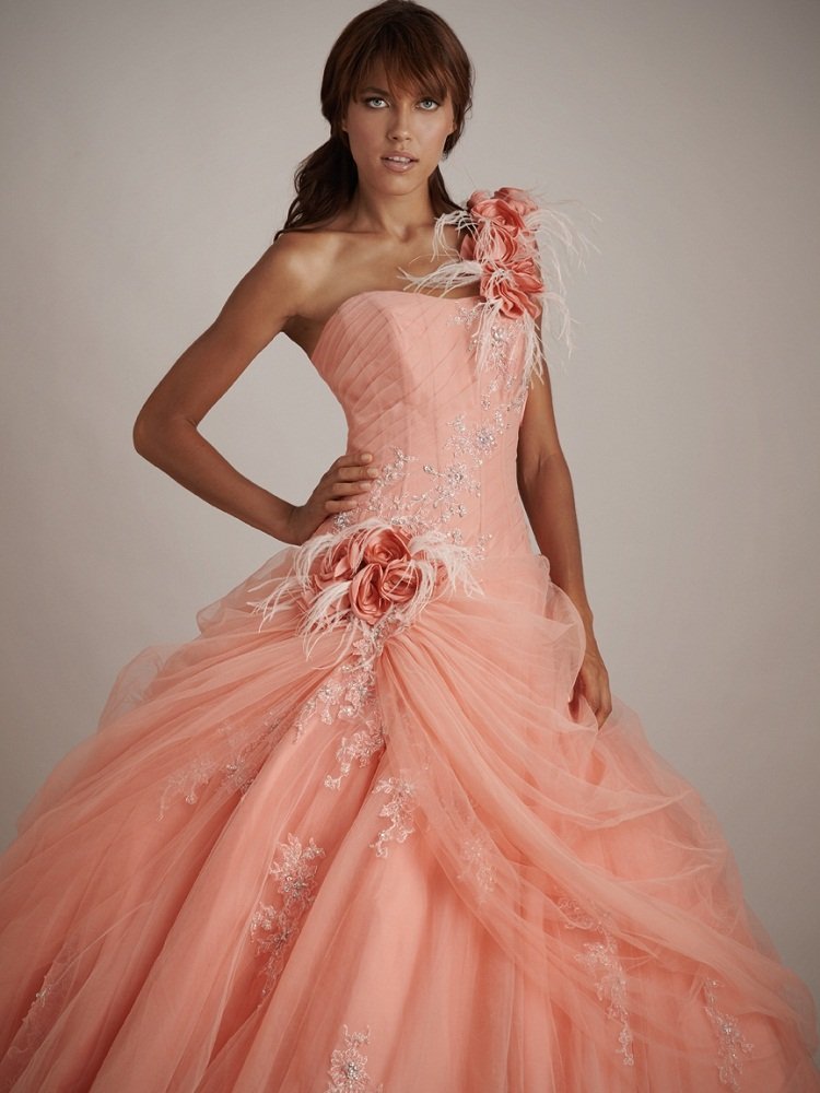 2012 A-line One shoulder straps feathered  Lace-Up Bodice Back Quinceanera Dresses