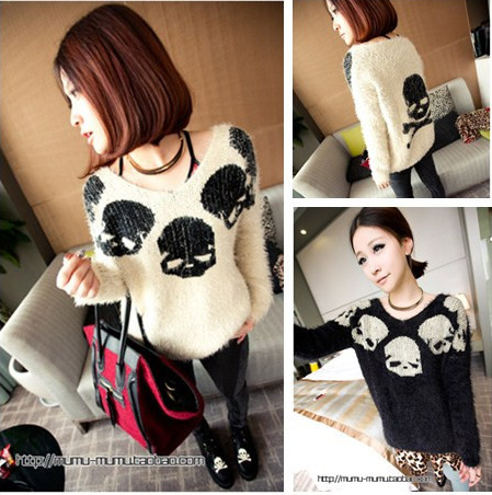 2012 all-match skull mohair V-neck pullover sweater
