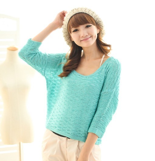 2012 all-match solid color cutout knitted short design three quarter sleeve loose sweater shirt pullover