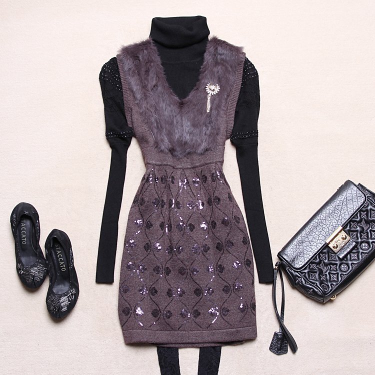 2012 all-match thickening slim hip sweater rabbit fur V-neck basic sweater dress