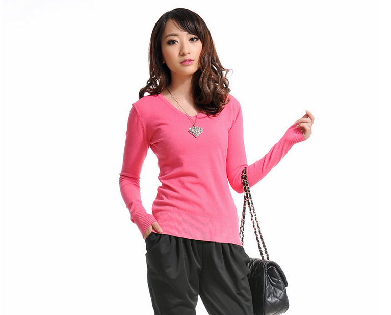 2012 all-match V-neck solid color long-sleeve knitted sweater female slim short design basic shirt