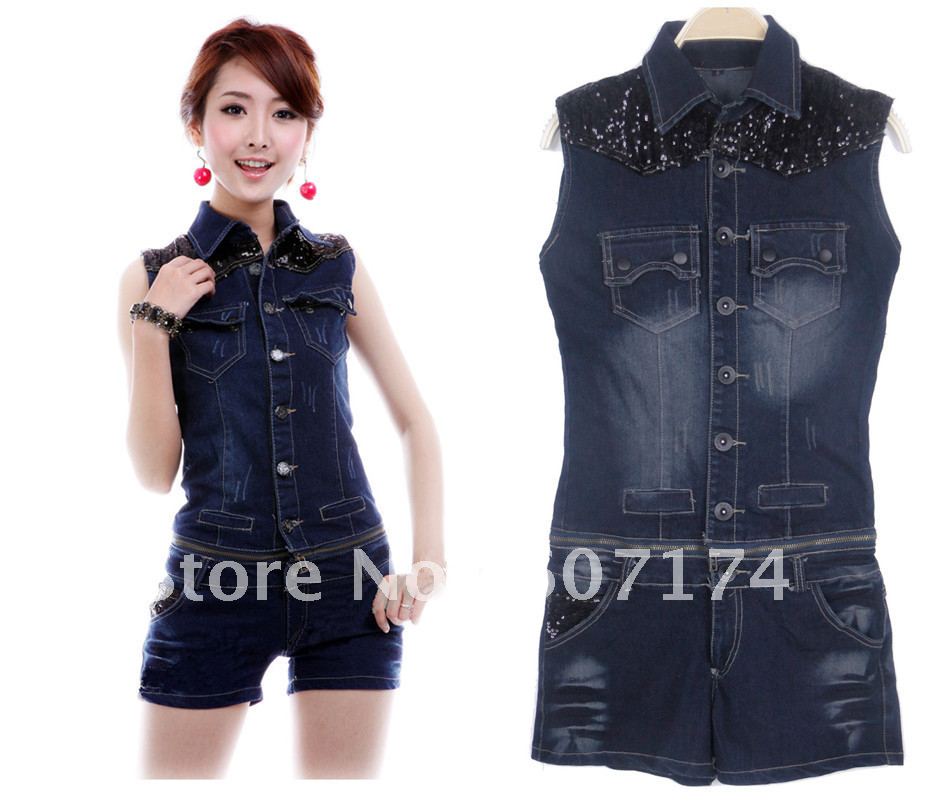 2012 American Trend Stylish Women Removable skinny Denim Vest jacket&shorts casual jumpsuit size:S-L #1697