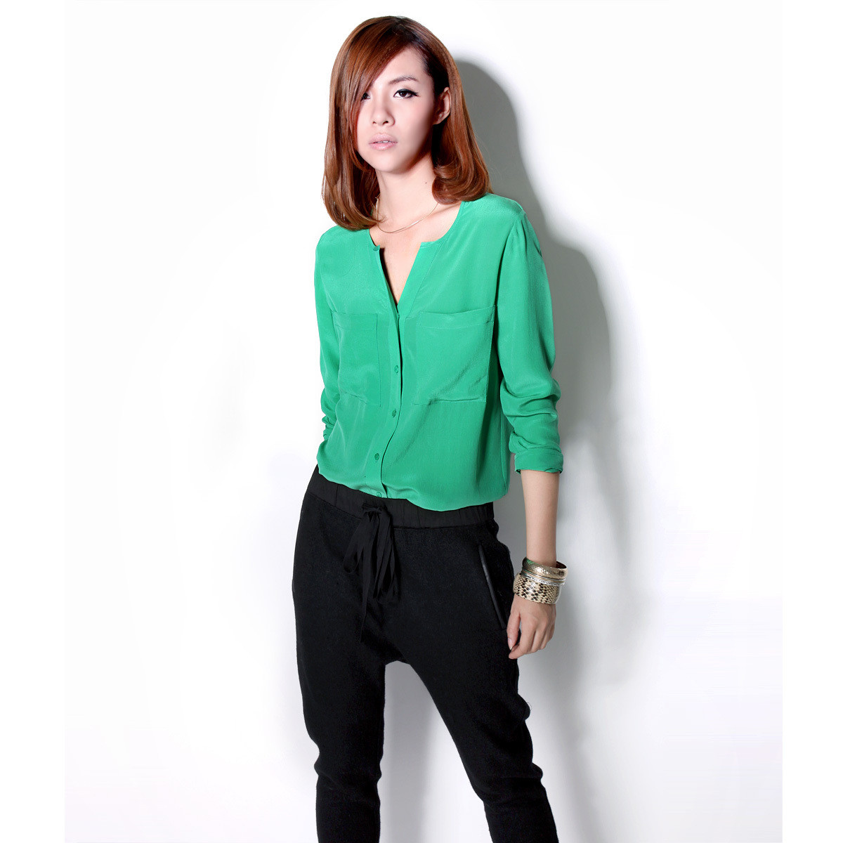 - 2012 AMIO silk long-sleeve shirt top green rose with pocket button blouses