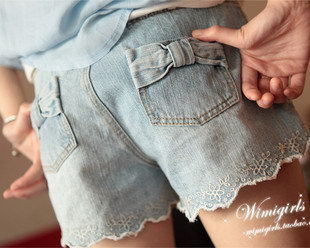2012 AMIO trousers embroidery back bow water wash denim shorts