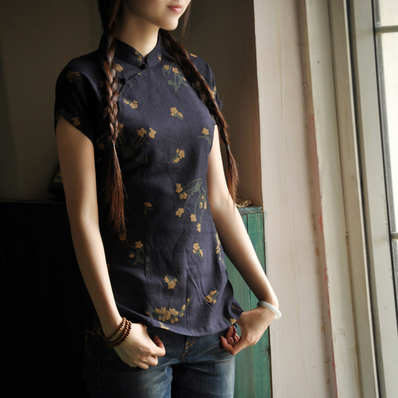 2012 AMIO Women fluid plate buttons chinese style top navy blue