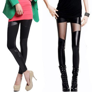 2012 ankle length trousers faux leather pants gauze personalized patchwork legging female
