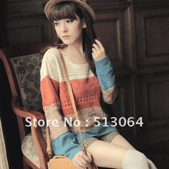 2012 autumm New women's sweater women's knitted shirt rainbow hollow knitwear 2Colors