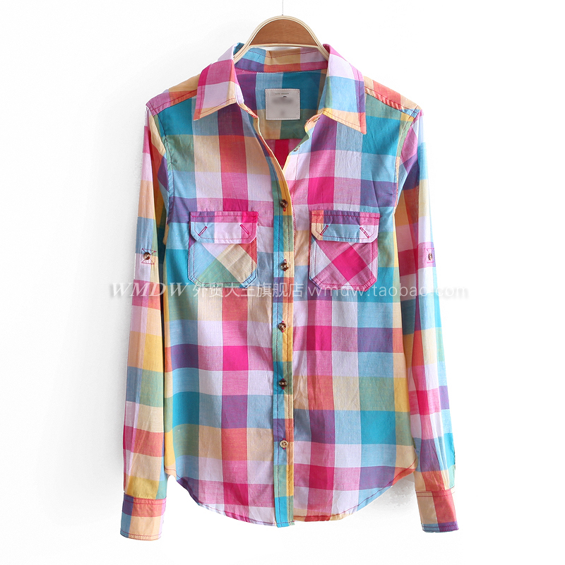 2012 autumn 100% cotton women's plaid shirt long-sleeve color block decoration slim short design shirt wc1313