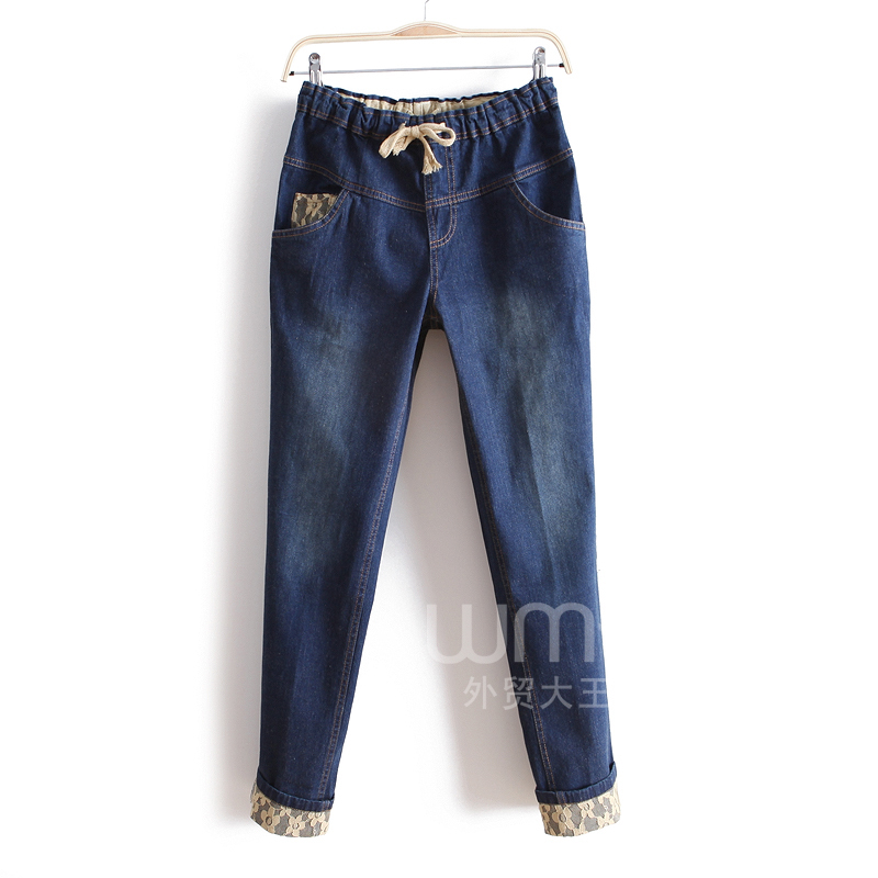 2012 autumn all-match fashion elastic slim waist patchwork lace denim long trousers wk1318