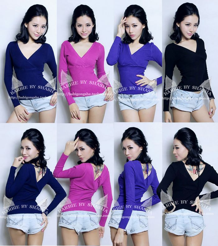 2012 autumn and winter all-match before and after the deep v neck sexy slim sweater racerback top blue black rose