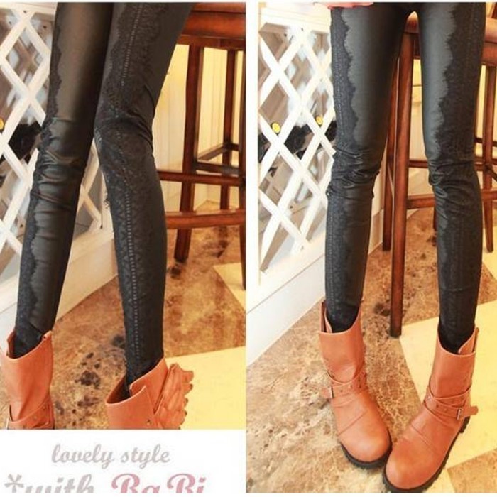 2012 autumn and winter all-match eyeholes lace patchwork leather pants leather legging female